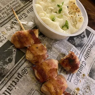 Bacon wrapped chicken and garlic mashed potatoes
