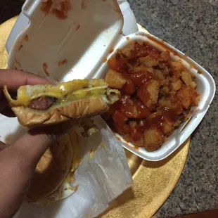 Sausage, egg w/cheese on a roll and home fries