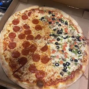 Half pepperoni, half veggie