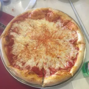 XL Cheese Pizza, needs a bit more cooking on the bottom for our taste