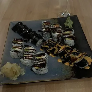 Maryland Roll, Shrimp Tempura, California Roll, Philly Roll. all have eel sauce.