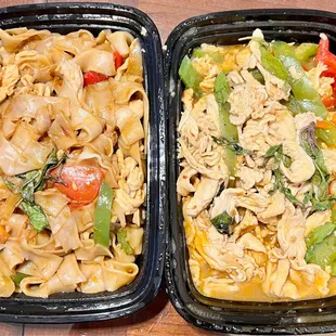 Drunken Noodle (Pad Kee Mao) with Chicken and Basil Chicken.