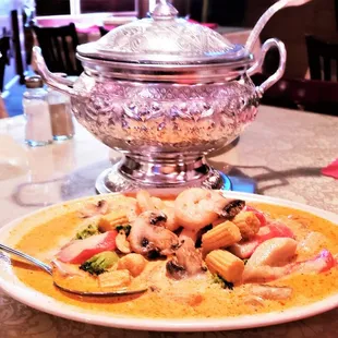 Seafood Combo and soup ($17) in a delicious red curry sauce.