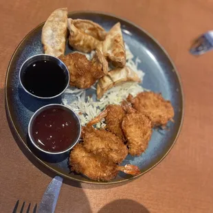 Coconut shrimp and Chicken Potstickers