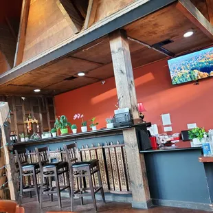 a bar with stools and tables