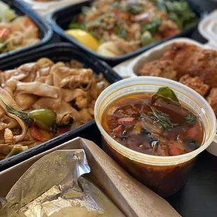 Drunken noodles (spicy)Angel wings, sweet and sour Pompano fish,stir fried clear noodle salad with chicken and papaya salad. So yummy