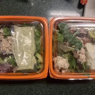 Greek salad on the left &amp; Cobb on the right (both pre mixed)