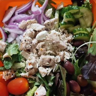 Greek salad. I paid for extra chicken and barely got any chicken. Lesson learned!