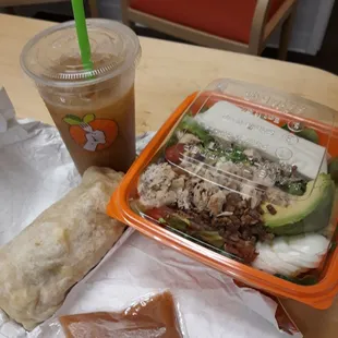 Iced coffee, breakfast burrito and Cobb salad.