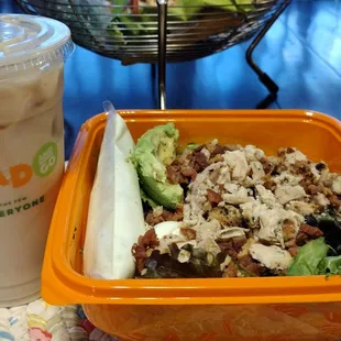 Hazelnut iced coffee and Cobb Salad.