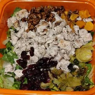 Roasted Autumn Salad. Comes with a balsamic vinaigrette dressing. Absolutely fabulous and unique flavor!