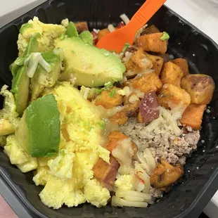 Sweet heat breakfast bowl with added turkey sausage