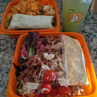 Jalapeño Ranch Salad , Buffalo Chicken Salad, Cucumber Mint lemonade