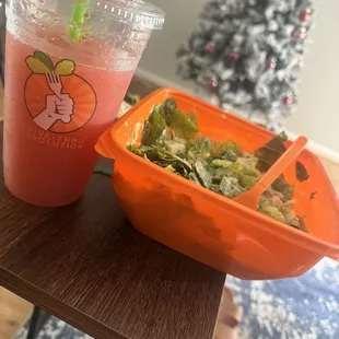 Caesar salad and frozen strawberry lemonade