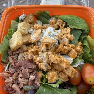 Cobb Salad with Buffalo Chicken (they ran out of egg)