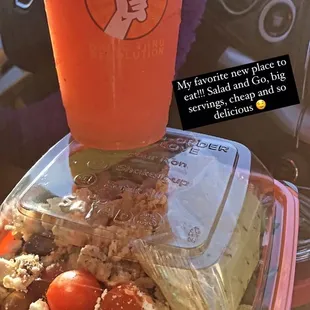 Greek salad with frozen strawberry drink