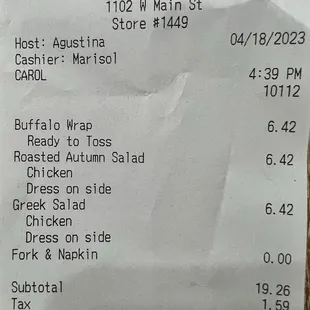 Receipt- affordable for all the food received.