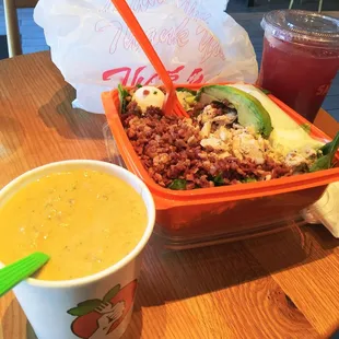 Cobb salad &amp; cheddar cheese soup with broccoli. Sangria drink.