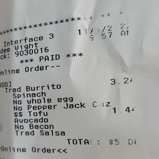 Receipt for non bacon burrito.