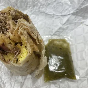 Fiesta burrito, sub olives instead of the pico de gallo and green salsa