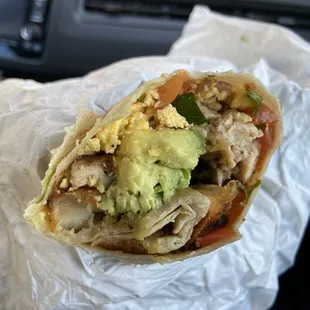 Fiesta Burrito!! No pepper jack cheese, tortilla chips, or turkey sausage. Add roasted chicken (+$1.44) and avocado. My FAVE.
