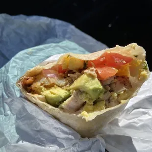 Fiesta Burrito!! No pepper jack cheese, tortilla chips, or turkey sausage. Add roasted chicken (+$1.44) and avocado. My FAVE.