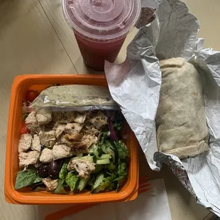 Greek salad, Buffalo chicken wrap and blueberry basil lemonade.