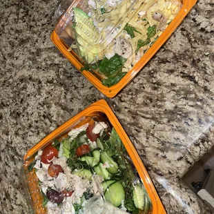 Greek salad and BBQ ranch salad