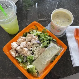 Greek salad with chicken, corn chowder soup with chicken, cucumber mint lemonade. So good!