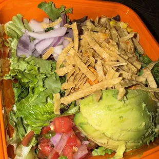 Custom salad, avocado, buffalo chicken, tortillas strips, corn, onion and pico de gallo. Ranch!