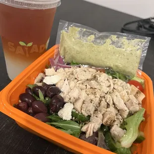 Greek salad with tons of chicken and an Arnold Palmer
