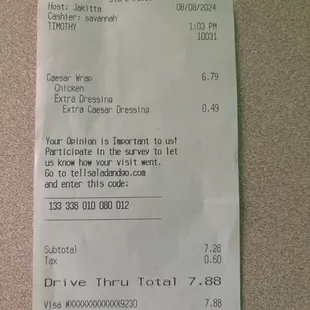 Chicken wrap with small charge for extra Caesar dressing.
