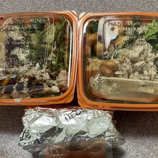Roasted autumn with chicken, Caesar with chicken, Mediterranean breakfast burrito (check out the positive messaging on the lids)