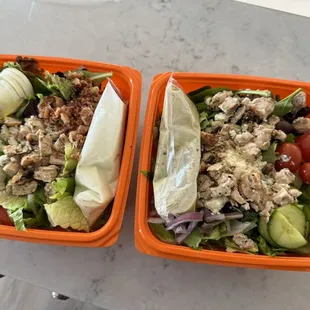 Cobb (on left) and Greek salads (on right)