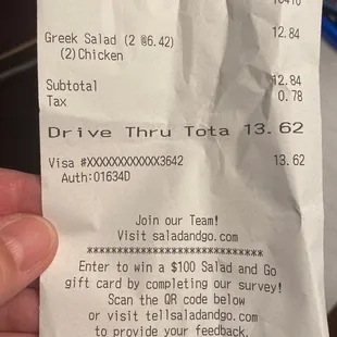 My receipt for my salads tonight