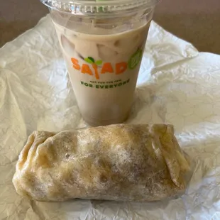Traditional breakfast burrito and cold brew