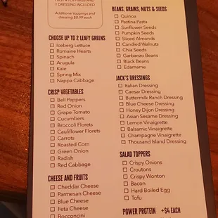 Customized salad menu