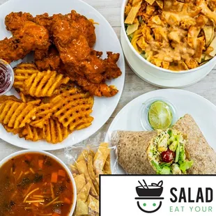 Buffalo Crispy Chicken Tenders, Fresh Salad, Fideo Soup and A Caesar Salad Wrap