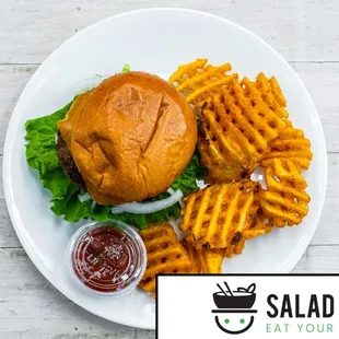 Single Burger and Waffle Fries