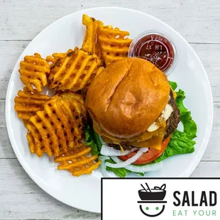 Double Burger and Waffle Fries