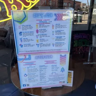 After Dusk menu with cocktails