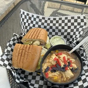 Chicken Pesto Sandwich w/ a side of Vegetable Soup. I added the chicken in the soup.