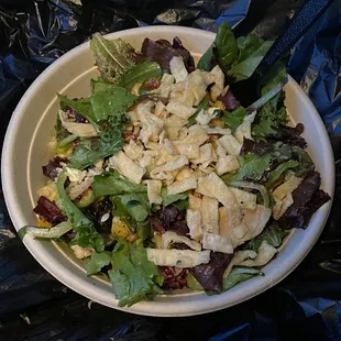 farmhouse salad (dried cranberries, wonton chips, and sunflower seeds) with Apple Cider Vinaigrette dressing.