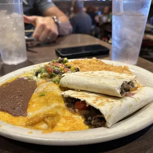 Lunch portion quesadilla, rice and taquito