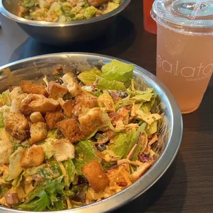 Small salad bowl with spicy chipotle dressing and peach tea
