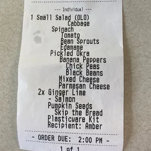 My receipt with spinach ordered