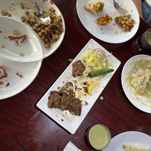 Chana Chaat, Samosa (3PCS), Pakora (5PCS)Lamb Tikka, Baba Ganooj