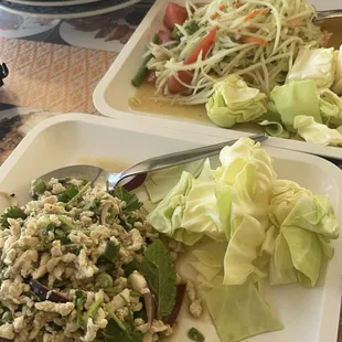 Chicken larb and papaya salad. Chicken larb was good but could have used more seasoning and chicken can be minced more.