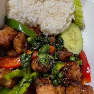 Basil Crispy Chicken with Rice