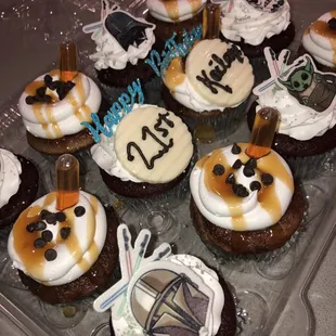 a tray of cupcakes
